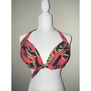 Unique Vintage Swimsuit Top Only 2XL Black Red Halter Hawaiian Tropical